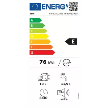 Slimline brīvi stāvoša trauku mazgājamā mašīna BEKO DVS05024W — 10 galda piederumu komplekti, 45 cm, 49 dB, E klase