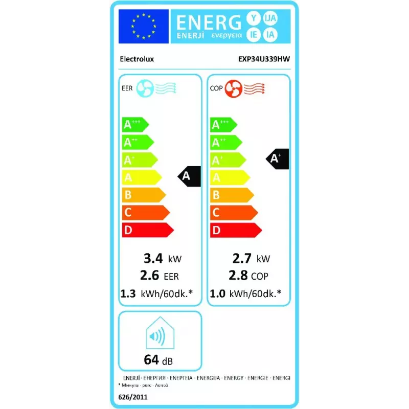 Electrolux EXP34U339HW pārnēsājamais gaisa kondicionieris 64 dB Balts