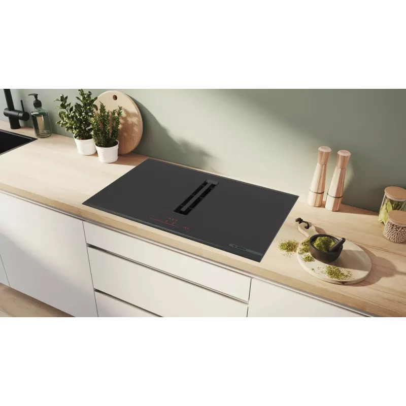 Bosch Serie 6 PVQ895H26E plīts virsma melna Iebūvējama 80 cm Zonu indukcijas plīts virsma 4 zonu(as) Iebūvēts tvaika nosūcējs