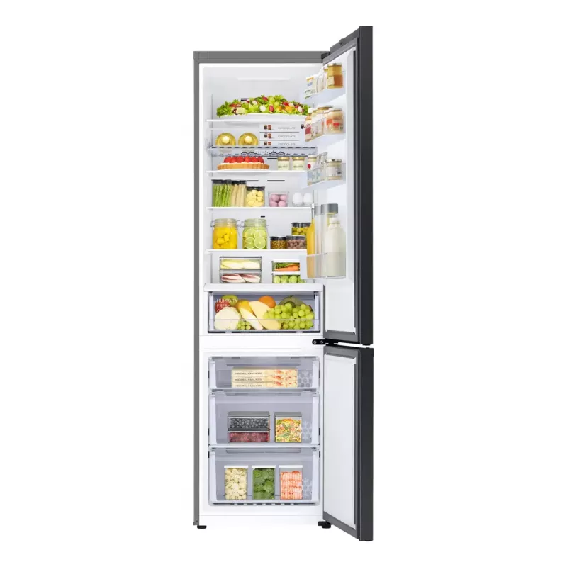 Brīvi stāvošs ledusskapis Samsung RB38C6B2E22 ar No Frost, labās puses eņģes, 35 dB, energoklase E, 8 kg/24h sasaldēšanas jauda, 4 plaukti, 2 dārzeņu atvilktnes, melns