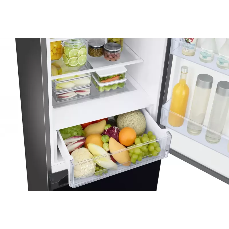 Brīvi stāvošs ledusskapis Samsung RB38C6B2E22 ar No Frost, labās puses eņģes, 35 dB, energoklase E, 8 kg/24h sasaldēšanas jauda, 4 plaukti, 2 dārzeņu atvilktnes, melns