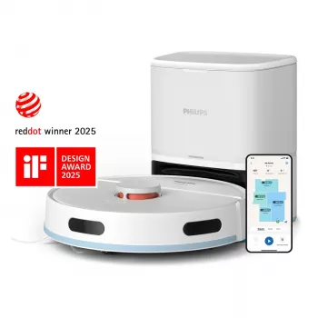 Robotu putekļsūcējs Philips XU2100/20 — apaļš, LDS navigācija, 2700 Pa sūkšanas jauda, 130 min darbības laiks, pašiztukšošanās bāze, 3 L bāzes putekļu maiss, 0,38 L putekļu tvertne, litija jonu akumulators 2600 mAh