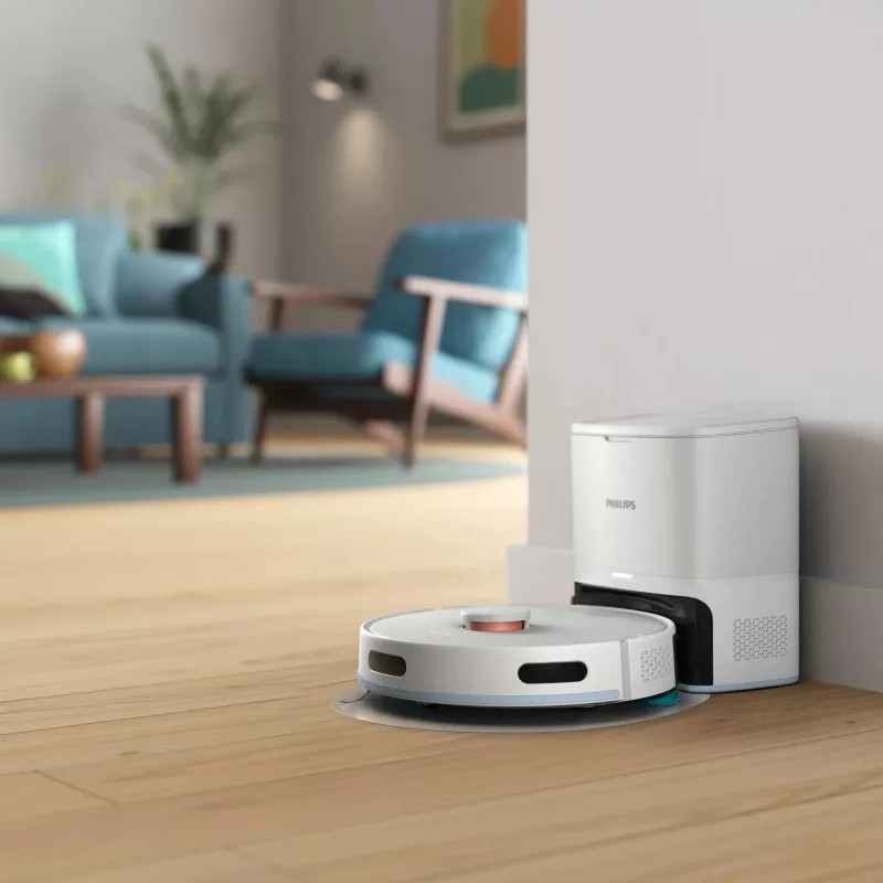 Robotu putekļsūcējs Philips XU2100/20 — apaļš, LDS navigācija, 2700 Pa sūkšanas jauda, 130 min darbības laiks, pašiztukšošanās bāze, 3 L bāzes putekļu maiss, 0,38 L putekļu tvertne, litija jonu akumulators 2600 mAh