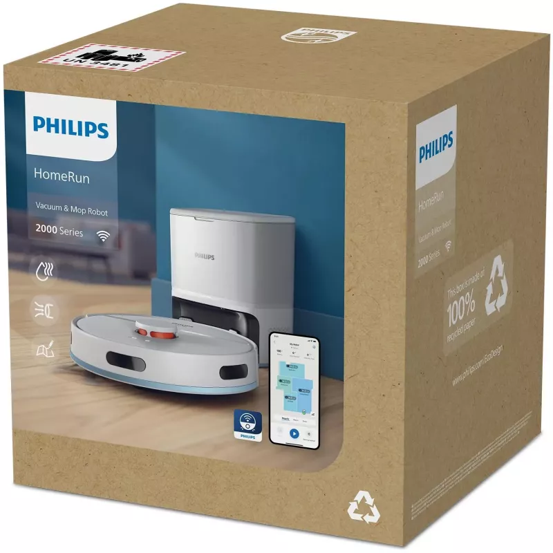 Robotu putekļsūcējs Philips XU2100/20 — apaļš, LDS navigācija, 2700 Pa sūkšanas jauda, 130 min darbības laiks, pašiztukšošanās bāze, 3 L bāzes putekļu maiss, 0,38 L putekļu tvertne, litija jonu akumulators 2600 mAh