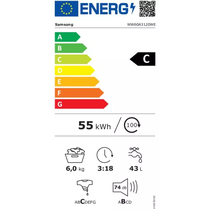 Samsung WW60A3120WE/LE veļas mašīna ar priekšējo ielādi 6 kg 1200 RPM balta