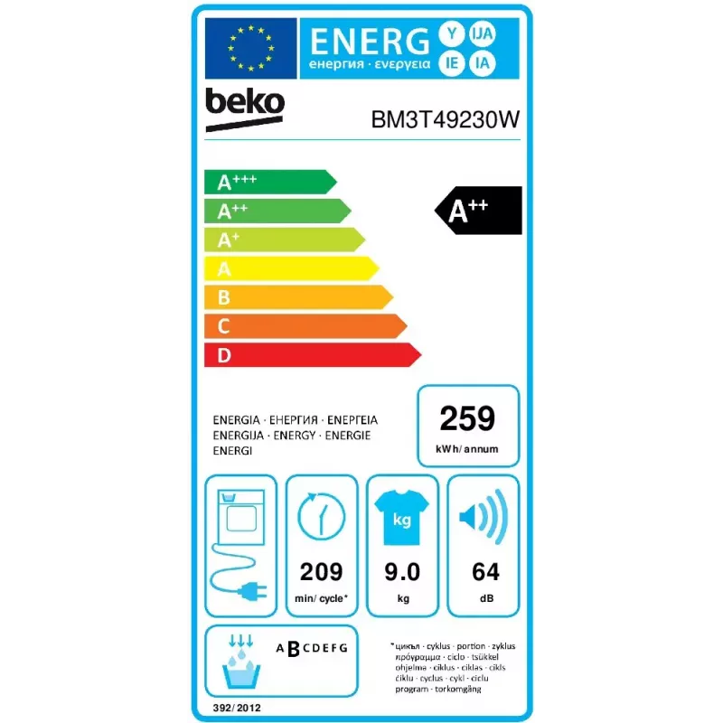 Beko BM3T49230W veļas žāvētājs Brīvstāvošs Ar priekšējo ielādi 9 kg A++ Balts