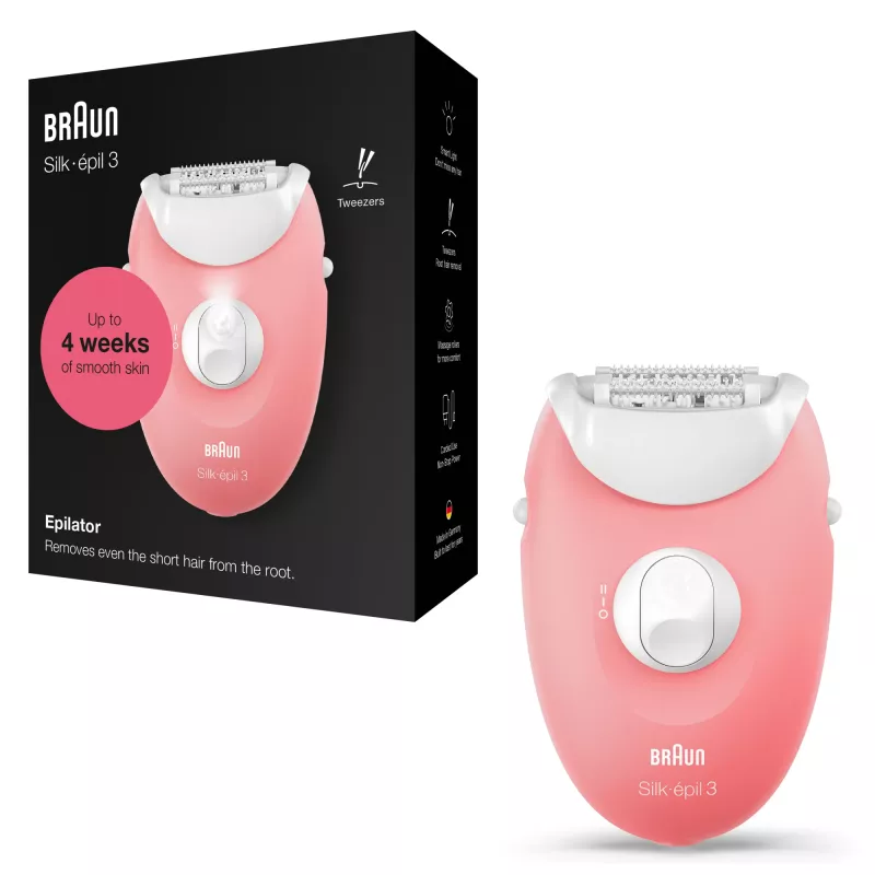 Braun Silk-épil 3 3-176 epilators ar 3 papildu piederumiem, Rožu, Balts, 20 pincetes, Skūšana, Maiņstrāva, 100 - 240 V, 50 - 60 Hz