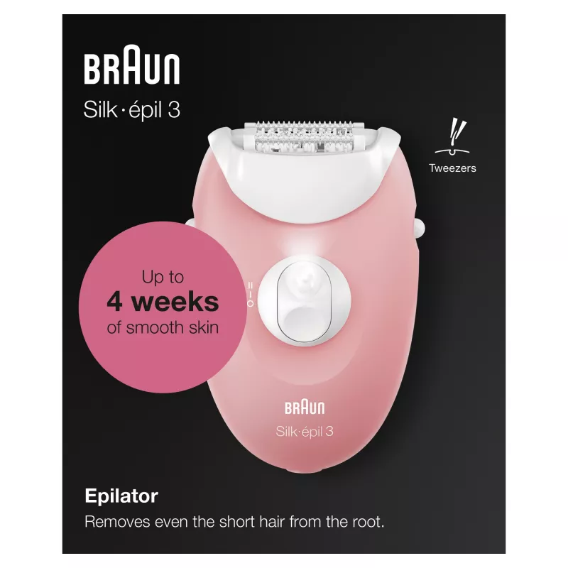 Braun Silk-épil 3 3-176 epilators ar 3 papildu piederumiem, Rožu, Balts, 20 pincetes, Skūšana, Maiņstrāva, 100 - 240 V, 50 - 60 Hz