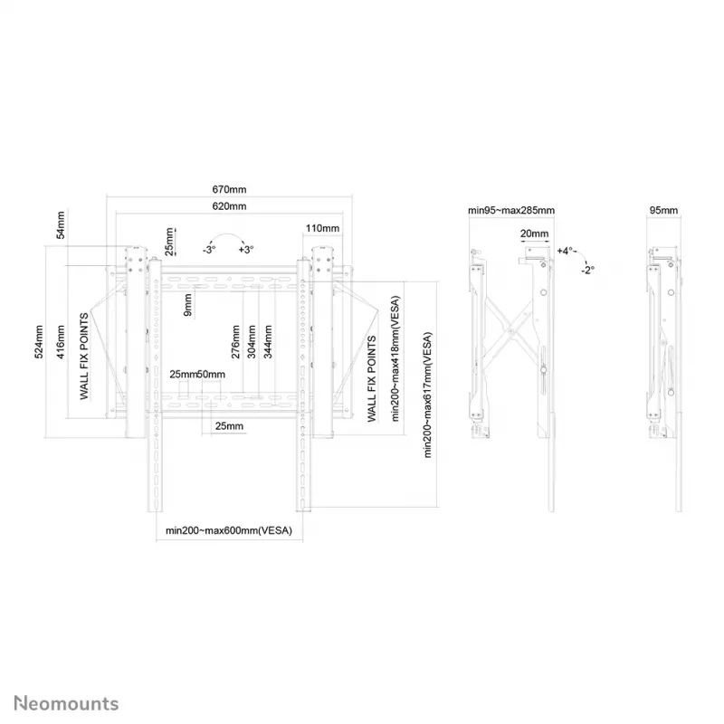 Neomounts video sienas stiprinājums, 70 kg, 81,3 cm (32 collas), 190,5 cm (75 collas), 200 x 200 mm, 600 x 600 mm, 0 - 6°