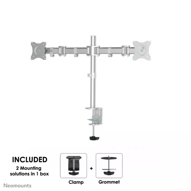 Neomounts NM-D135DSILVER Monitora kronšteins 10-27 collas, Skava/caurlaide, 8 kg, 25,4 cm (10 collas), 68,6 cm (27 collas), 100 x 100 mm, Sudraba krāsa