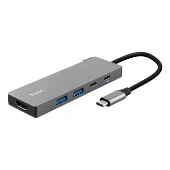 USB Type-C centrmezgls TRUST 26062 — HDMI + USB 3.2 Gen 1 Type-A & Type-C, pelēks, 5 pieslēgvietas