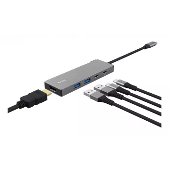 USB Type-C centrmezgls TRUST 26062 — HDMI + USB 3.2 Gen 1 Type-A & Type-C, pelēks, 5 pieslēgvietas