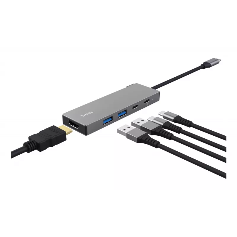 USB Type-C centrmezgls TRUST 26062 — HDMI + USB 3.2 Gen 1 Type-A & Type-C, pelēks, 5 pieslēgvietas