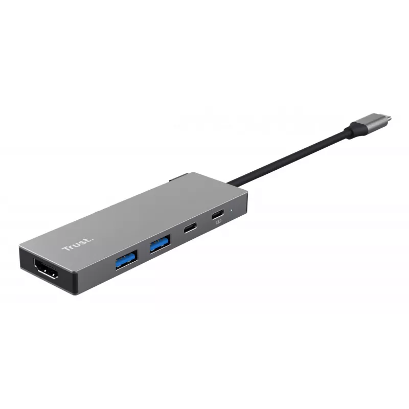 USB Type-C centrmezgls TRUST 26062 — HDMI + USB 3.2 Gen 1 Type-A & Type-C, pelēks, 5 pieslēgvietas