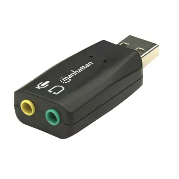 Manhattan USB-A skaņas adapteris, USB-A uz 3,5 mm mikrofona ieeju un audio izeju, 480 Mbps (USB 2.0), atbalsta 3D un virtuālo 5.1 telpisko skaņu, Hi-Speed USB, melns, trīs gadu garantija