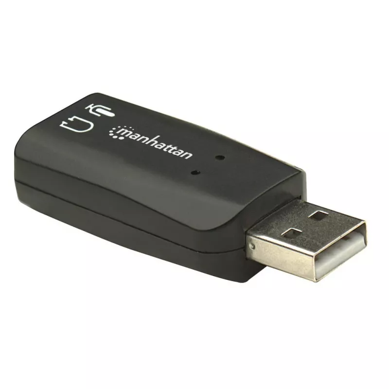 Manhattan USB-A skaņas adapteris, USB-A uz 3,5 mm mikrofona ieeju un audio izeju, 480 Mbps (USB 2.0), atbalsta 3D un virtuālo 5.1 telpisko skaņu, Hi-Speed USB, melns, trīs gadu garantija