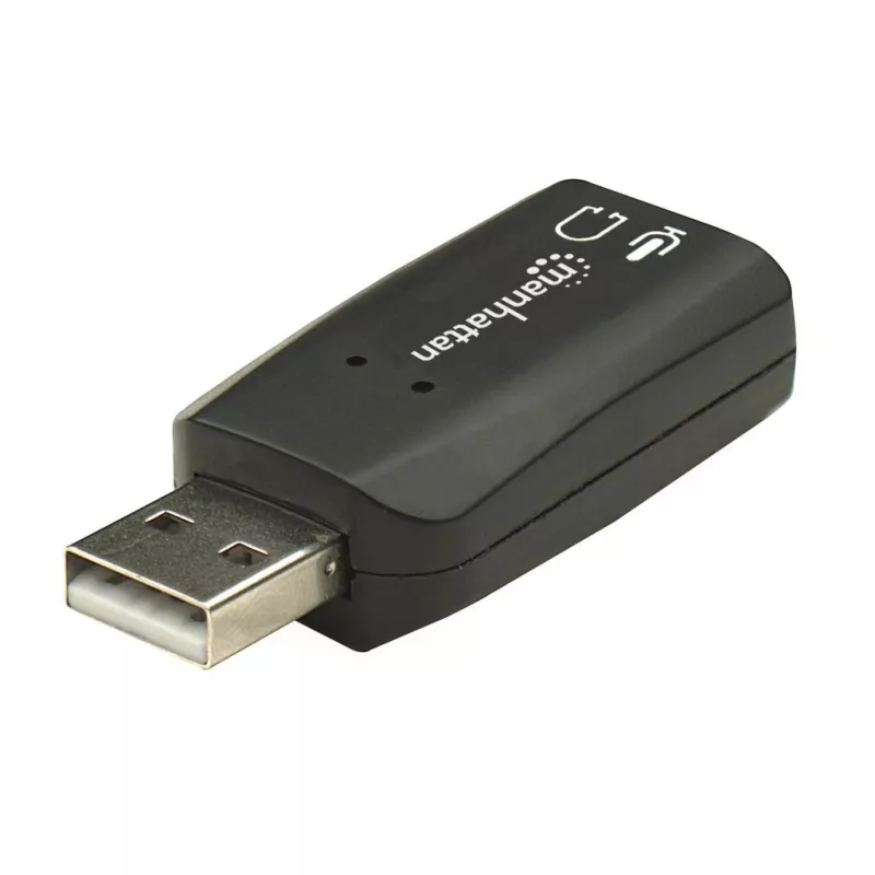Manhattan USB-A skaņas adapteris, USB-A uz 3,5 mm mikrofona ieeju un audio izeju, 480 Mbps (USB 2.0), atbalsta 3D un virtuālo 5.1 telpisko skaņu, Hi-Speed USB, melns, trīs gadu garantija