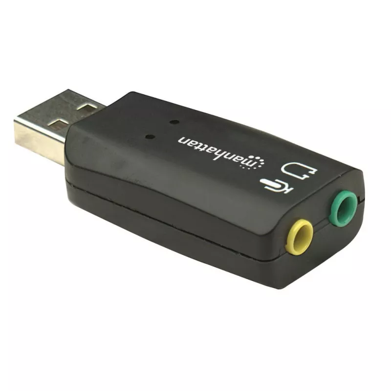 Manhattan USB-A skaņas adapteris, USB-A uz 3,5 mm mikrofona ieeju un audio izeju, 480 Mbps (USB 2.0), atbalsta 3D un virtuālo 5.1 telpisko skaņu, Hi-Speed USB, melns, trīs gadu garantija
