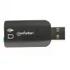 Manhattan USB-A skaņas adapteris, USB-A uz 3,5 mm mikrofona ieeju un audio izeju, 480 Mbps (USB 2.0), atbalsta 3D un virtuālo 5.1 telpisko skaņu, Hi-Speed USB, melns, trīs gadu garantija