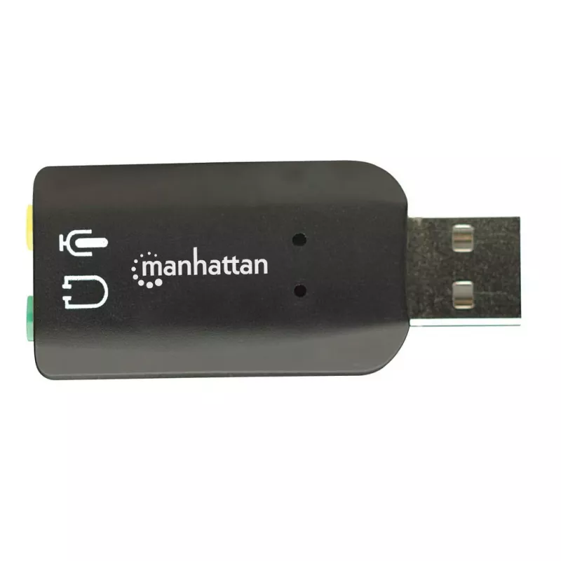 Manhattan USB-A skaņas adapteris, USB-A uz 3,5 mm mikrofona ieeju un audio izeju, 480 Mbps (USB 2.0), atbalsta 3D un virtuālo 5.1 telpisko skaņu, Hi-Speed USB, melns, trīs gadu garantija