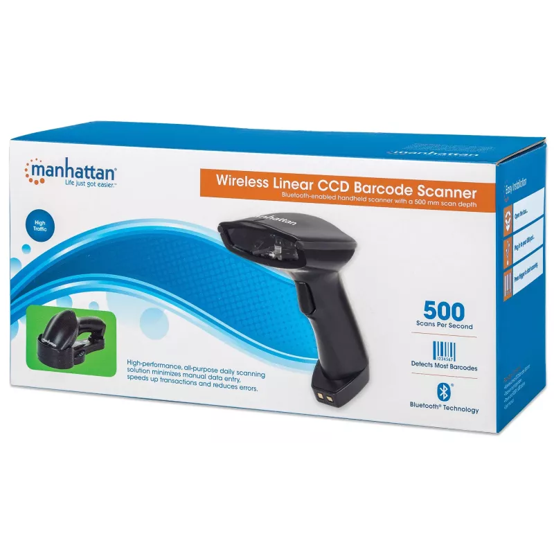 Manhattan Wireless Linear Handheld CCD Barcode Scanner, Bluetooth, 500mm Scan Depth, up to 80m effective range (line of sight), Max Ambient Light 100,000 lux (sunlight), EU/US/UK/AU interchangeable plug, Melns, Three Year Warranty