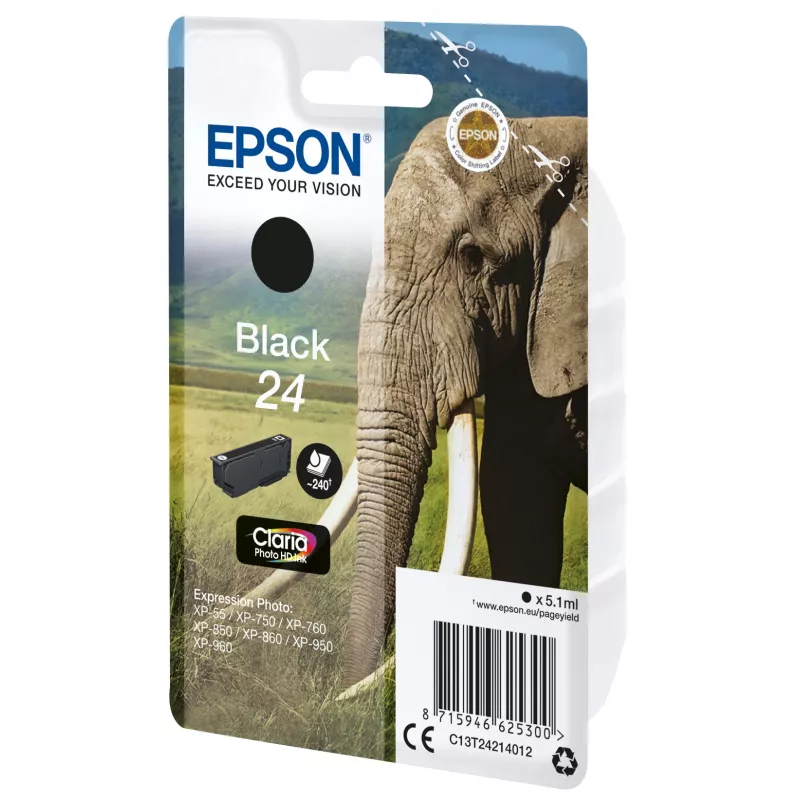 Epson Elephant Singlepack Melns 24 Claria Photo HD Ink, melna, pigmenta bāzes tinte, 5,1 ml, 1 gab., 240 lapas, atsevišķs iepakojums