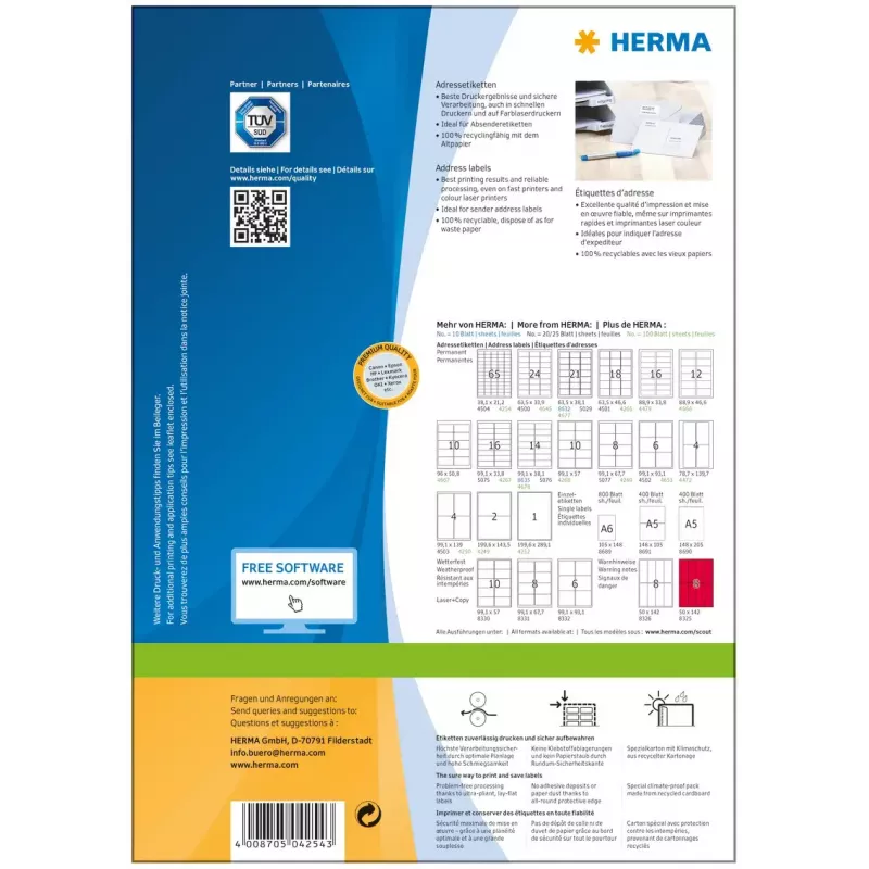 Adrešu etiķetes Premium HERMA A4 38,1x21,2 mm, 6500 gab.