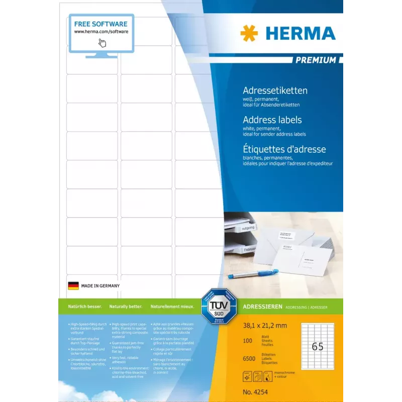 Adrešu etiķetes Premium HERMA A4 38,1x21,2 mm, 6500 gab.