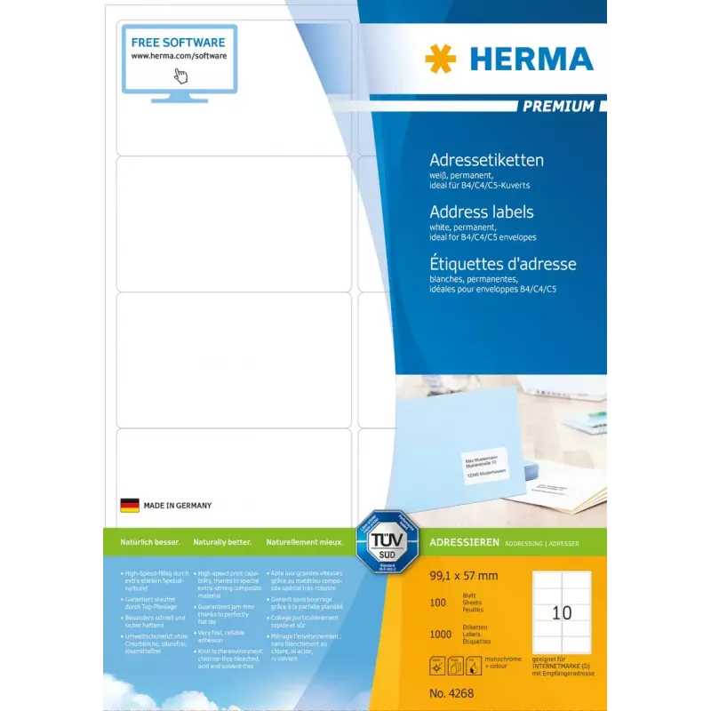 Adrešu uzlīmes Premium HERMA A4 99.1x57 mm 1000 gab.