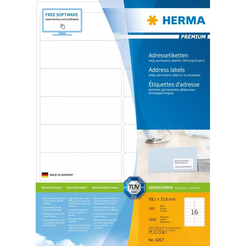 Pašlīmējošas adrešu uzlīmes HERMA Premium A4 99.1x33.8 mm 1600 gab.