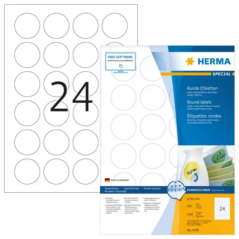 Pašlīmējošās uzlīmes HERMA Noņemamas A4 Ø 40 mm 2400 gab.