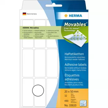 Daudzfunkciju uzlīmes HERMA 10610 20x50 mm baltas noņemamas/pārvietojamas papīra matētas