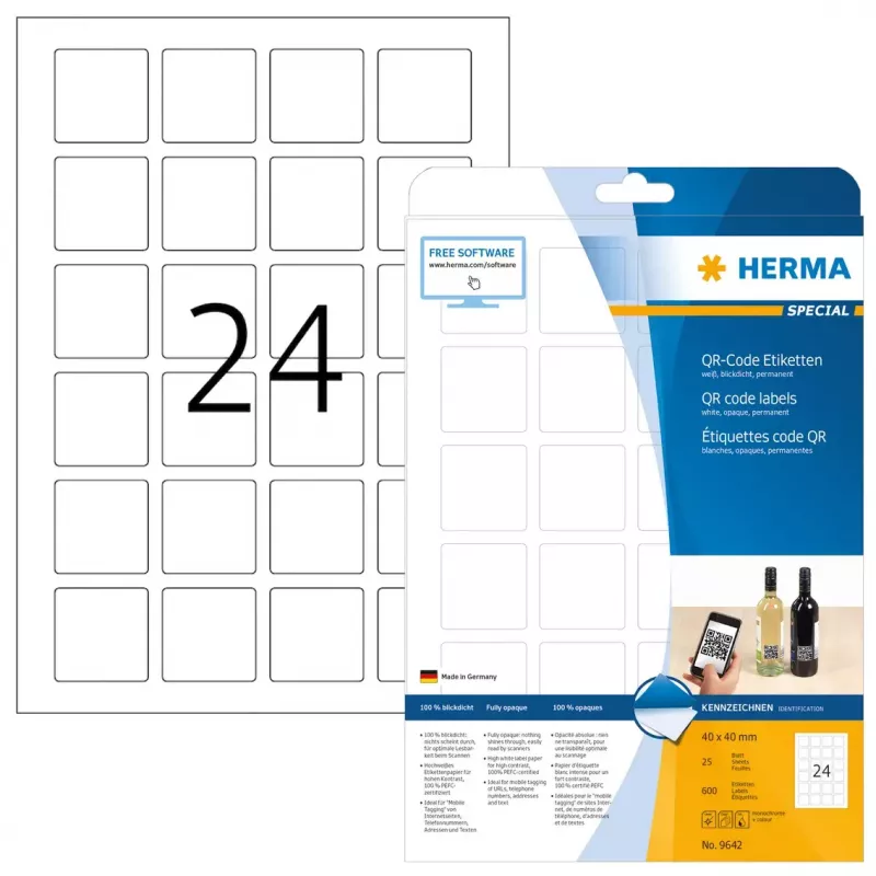 QR kodu uzlīmes HERMA 9642 A4 40x40 mm kvadrātveida balts papīrs