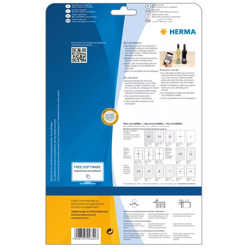 QR kodu uzlīmes HERMA 9642 A4 40x40 mm kvadrātveida balts papīrs