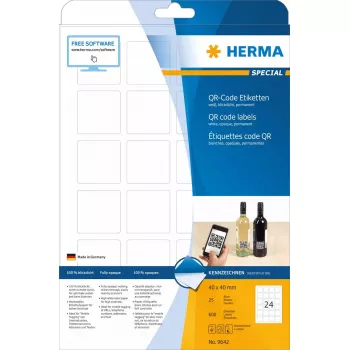 QR kodu uzlīmes HERMA 9642 A4 40x40 mm kvadrātveida balts papīrs