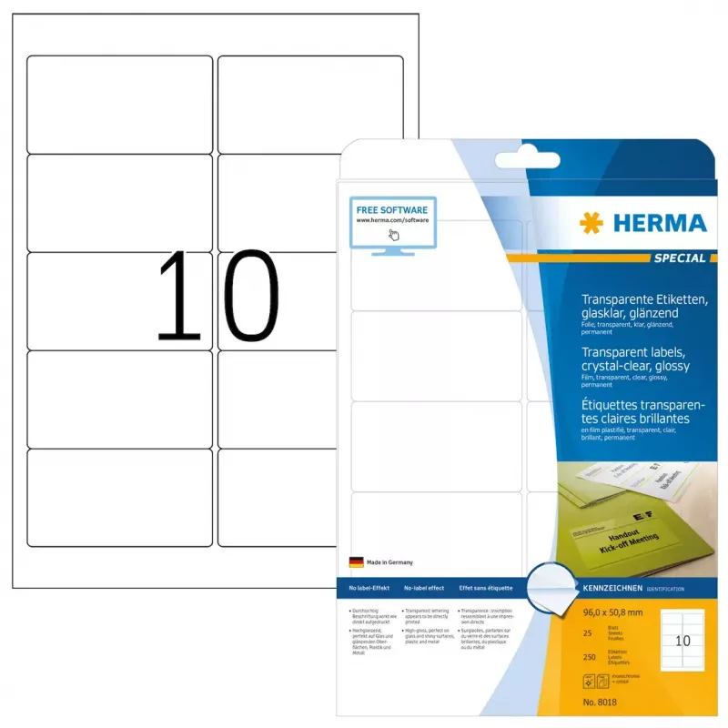 Pašlīmējoša printera etiķete HERMA Labels caurspīdīga kristāldzidra A4 96x50,8 mm