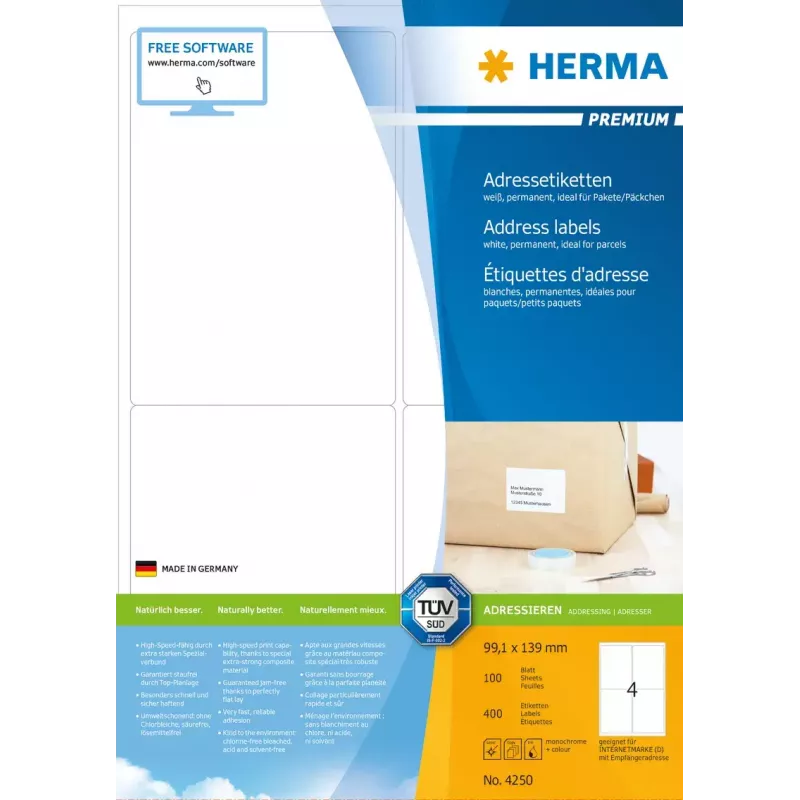 Adrešu uzlīmes Premium HERMA A4 99.1x139 mm 400 gab.