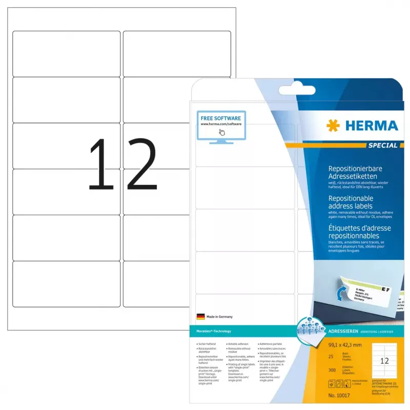 Pārvietojamās adrešu uzlīmes HERMA 10017 A4 99,1x42,3 mm
