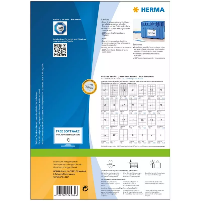 Pašlīmējošas printera etiķetes HERMA Labels Premium A4 210x148 mm