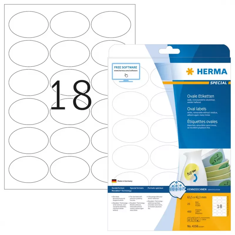 Pašlīmējošās uzlīmes HERMA Removable A4 63,5x42,3 mm 450 gab.
