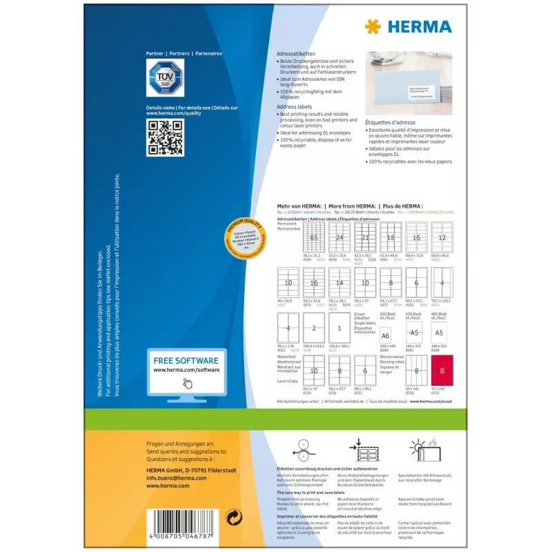 Adrešu uzlīmes Premium HERMA A4 99.1x38.1 mm 1400 gab.