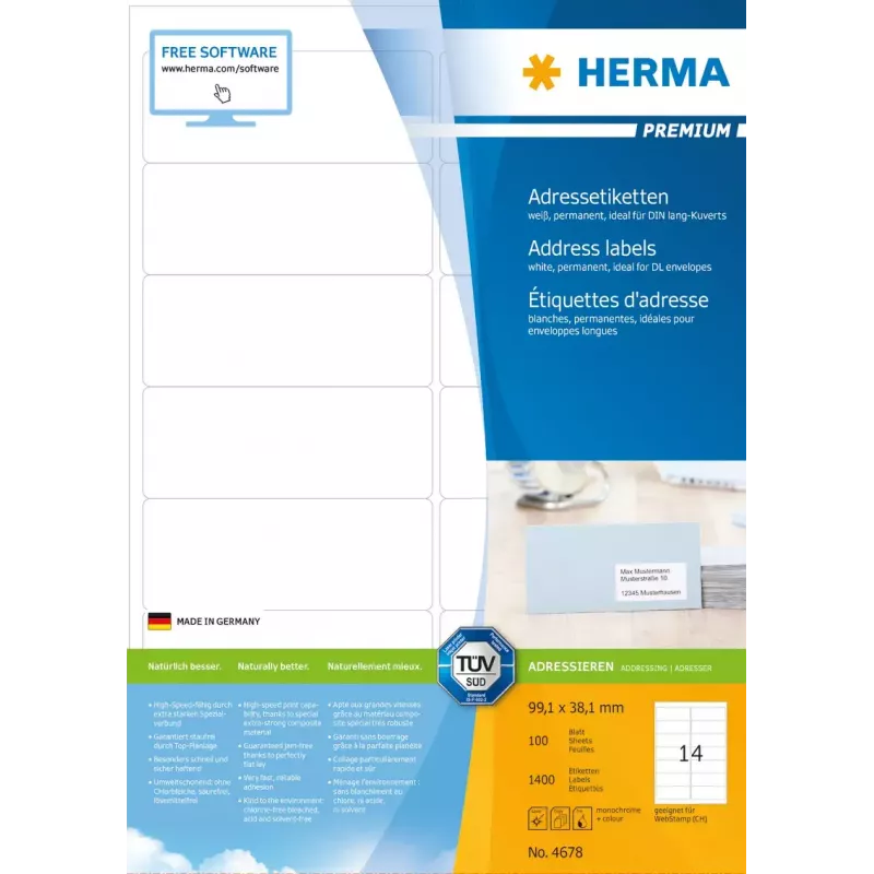 Adrešu uzlīmes Premium HERMA A4 99.1x38.1 mm 1400 gab.