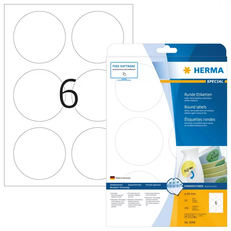 Noņemamās uzlīmes HERMA A4 Ø 85 mm apaļas baltas 150 gab.