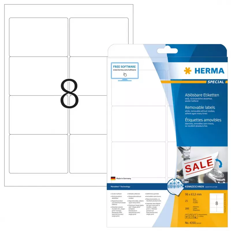 Pašlīmējošās printera etiķetes HERMA Noņemamās etiķetes A4 96x63,5 mm
