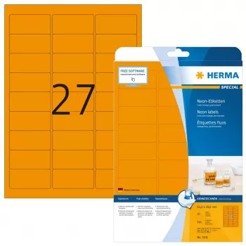 Etiķetes HERMA Neon A4 63.5x29.6 mm spilgti oranžas 540 gab.