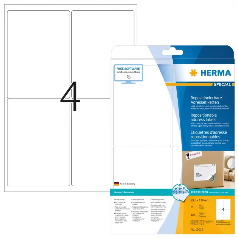 HERMA pārvietojamās adrešu uzlīmes, 100 gab., A4, 99,1x139 mm