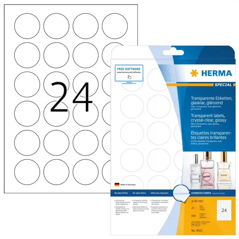 Pašlīmējoša printeru uzlīme HERMA 8023 A4 Ø 40 mm