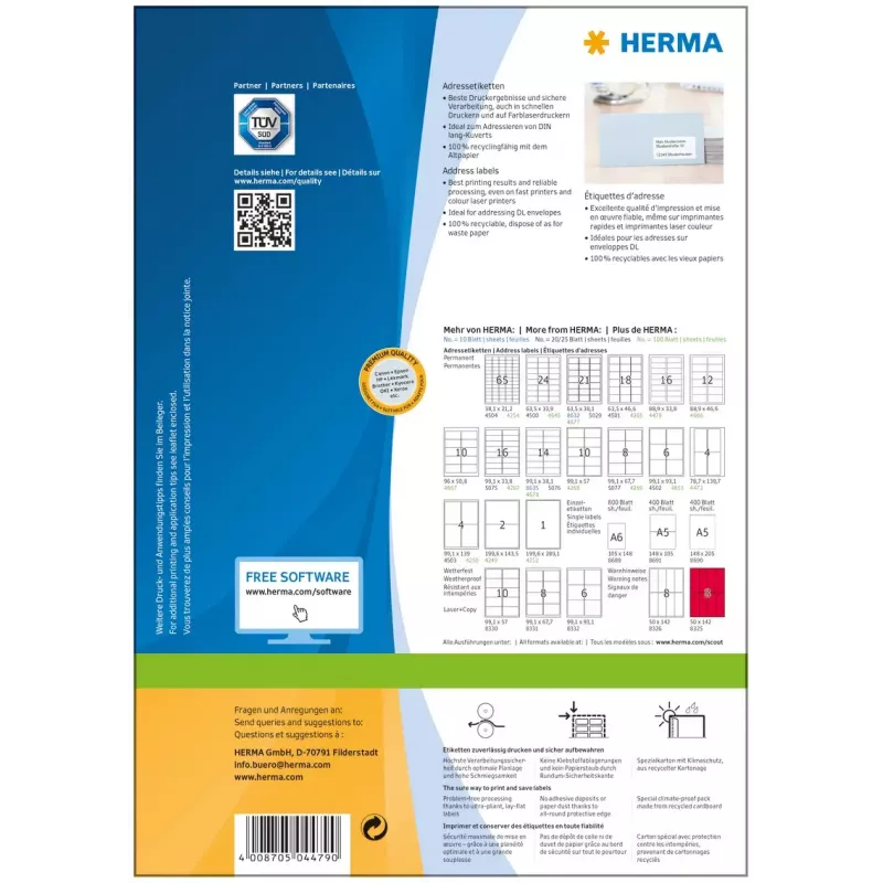 Adrešu uzlīmes Premium HERMA A4 88.9x33.8 mm 1600 gab.