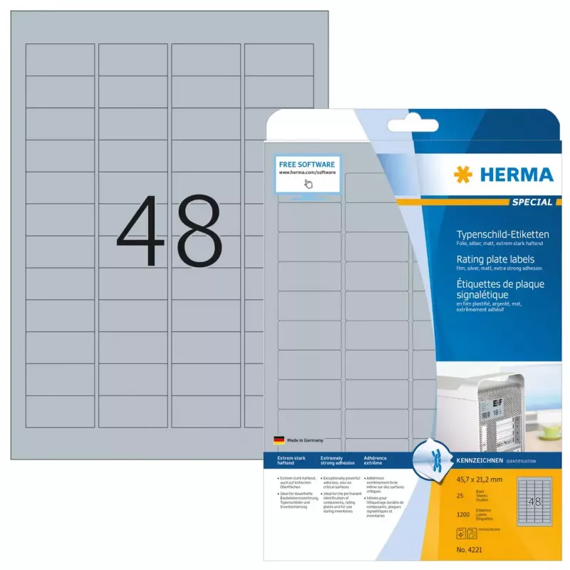 Datu plāksnīšu uzlīmes HERMA 4221 A4 45,7x21,2 mm sudraba