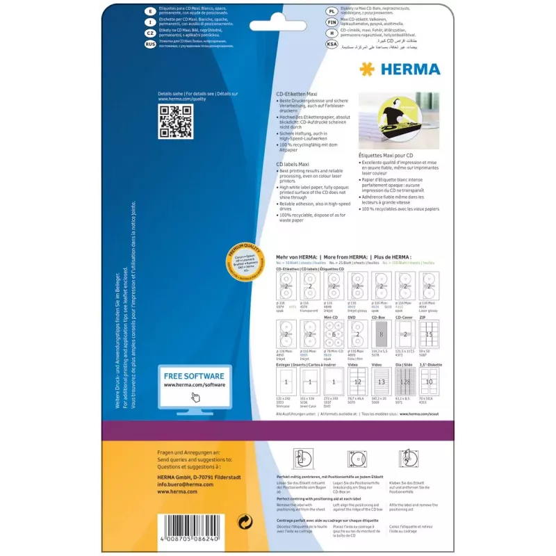 Pašlīmējoša printera etiķete HERMA CD etiķetes Maxi A4 Ø 116 mm